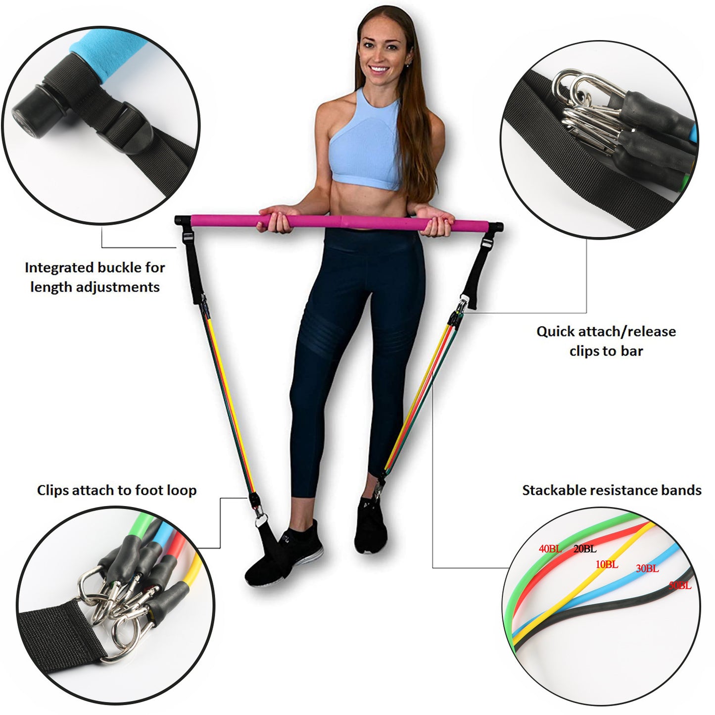 Barre de fitness, yoga, pilates, accessoires de gym portables, bandes élastiques de résistance pour musculation, équipement d'entraînement à domicile