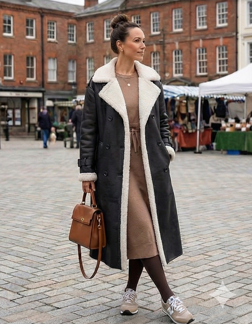 Woman wearing a long black coat with white fur trim in various outdoor settings.
