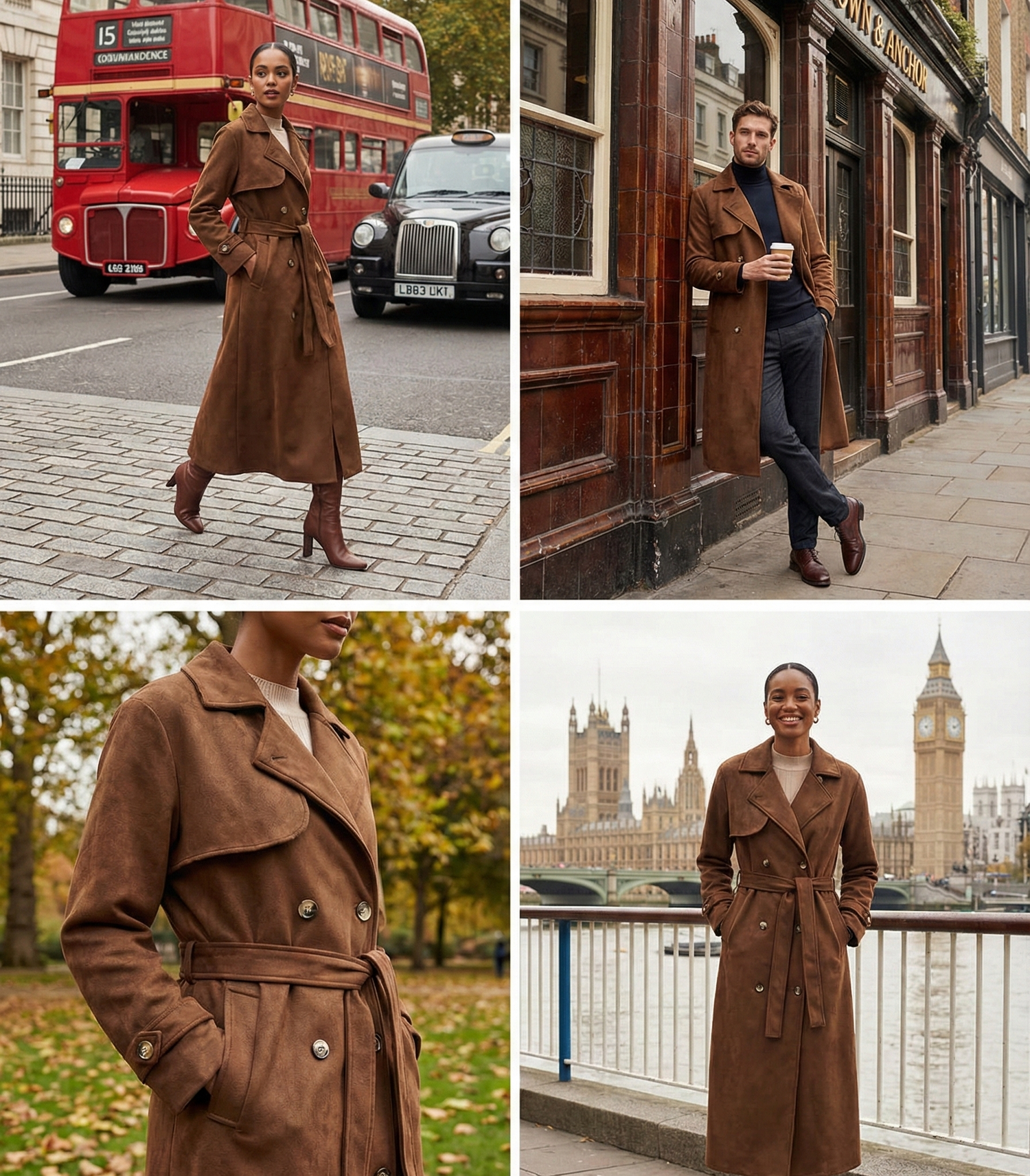 Collage of a person wearing a brown trench coat in various London settings.